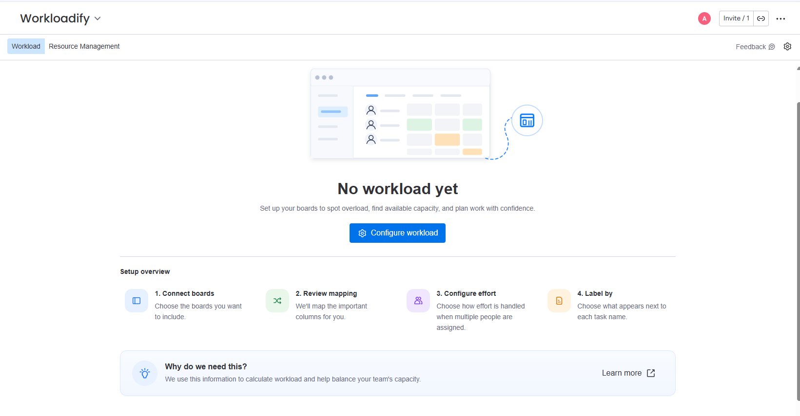 The 'No workload yet' screen with a Configure workload button