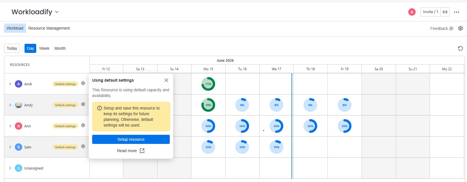 The Default settings badge with an option to set up the resource