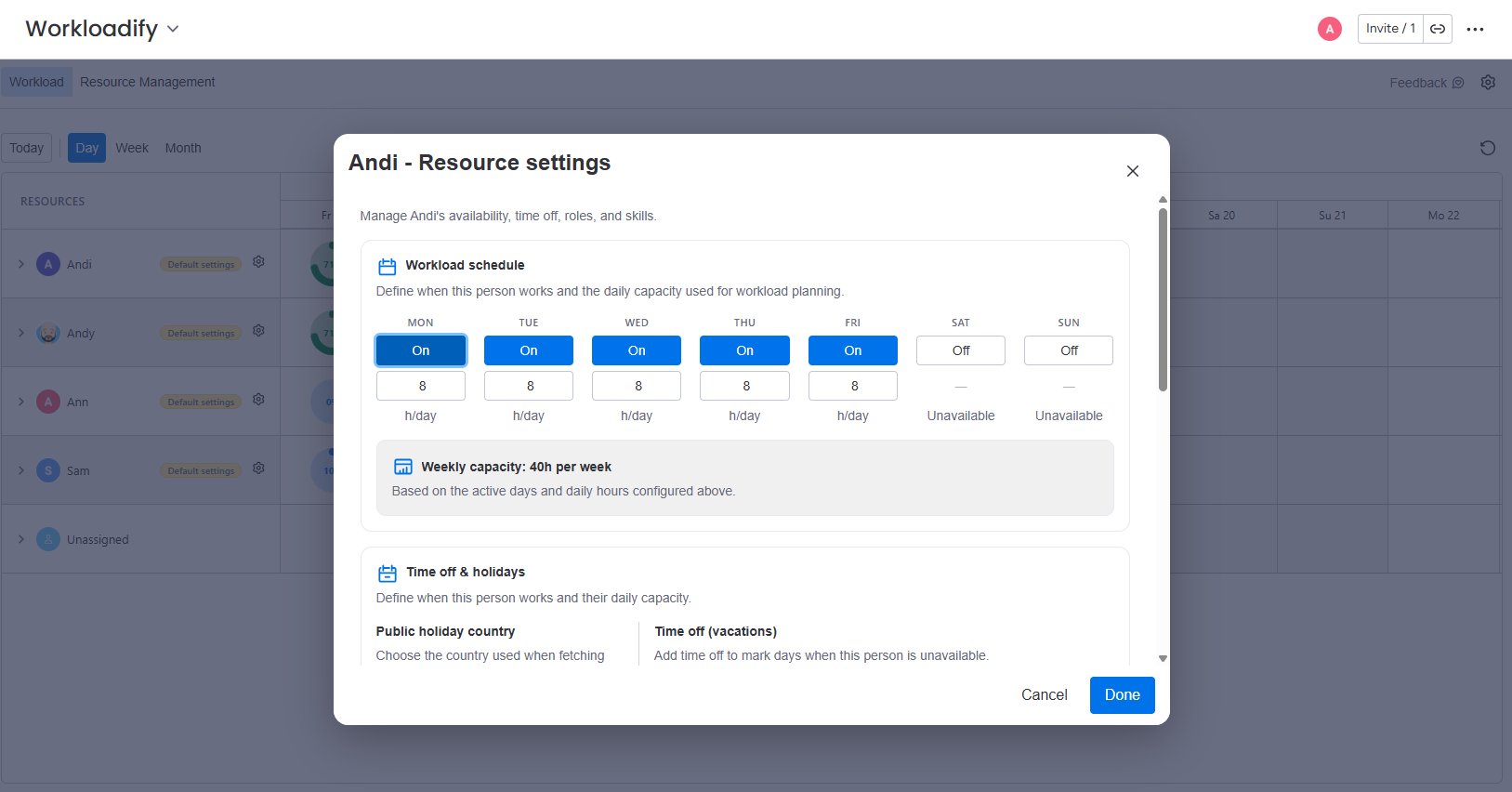 The Workload schedule with per-day toggles, hours, and weekly capacity